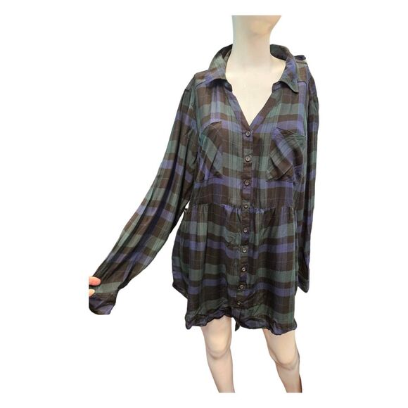 Torrid Navy Green Plaid Tunic Size 18/20 Plus Size Buttin Down Top Blouse - Picture 1 of 8